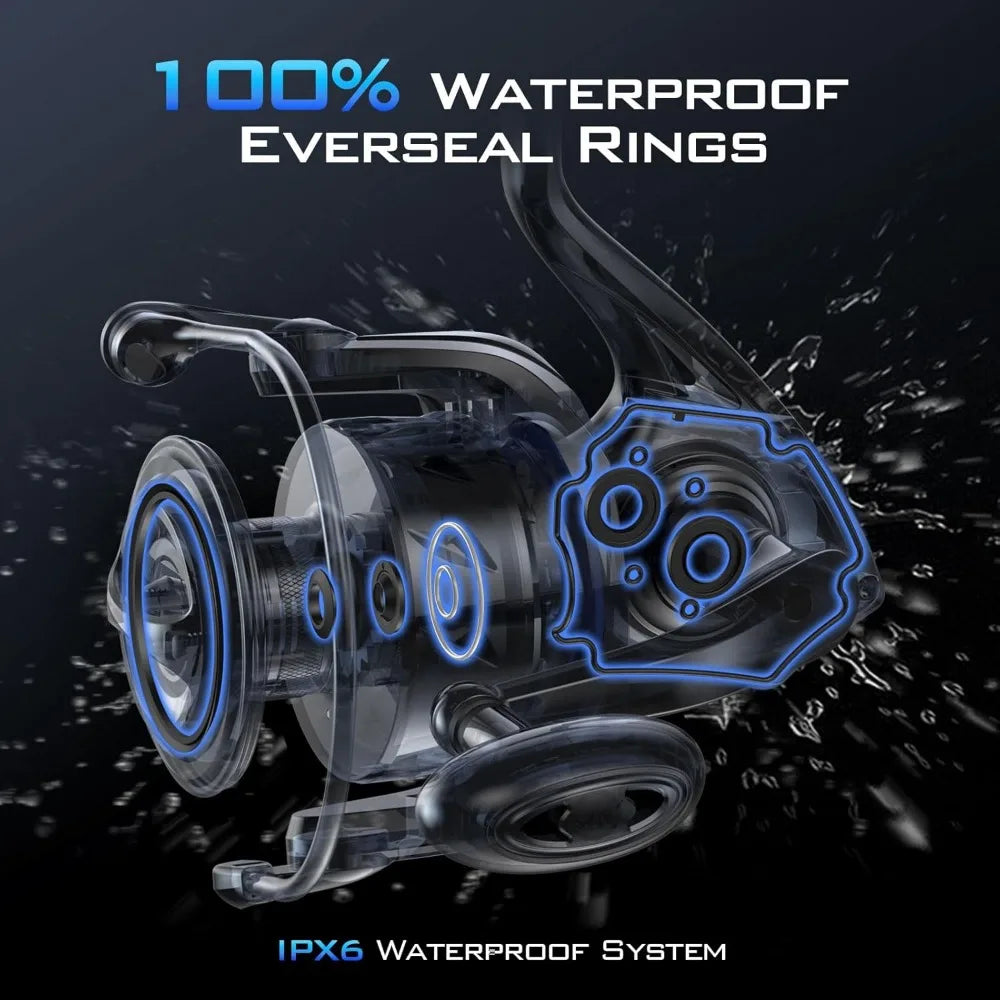 Fishing reel, up to 55 pounds maximum resistance, IPX6 waterproof and corrosion resistant bearing system