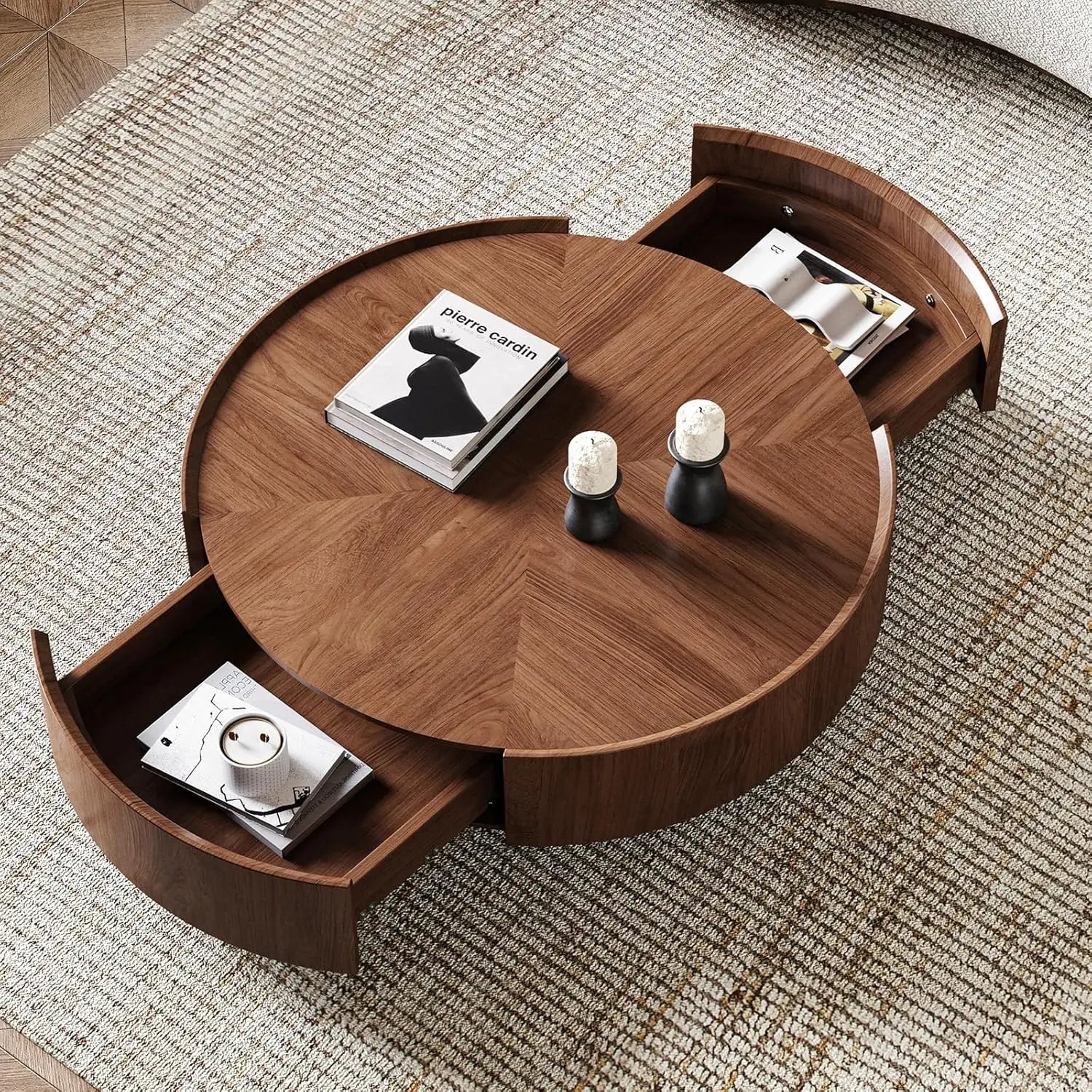 35.4" Mid-Century Modern Walnut Coffee Table with Storage Drawers | Fully Assembled | Round Corners | Elegant & Durable