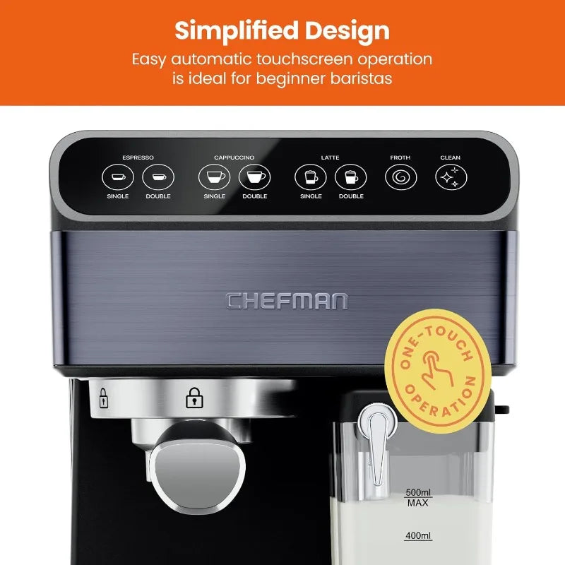 Chefman 6-in-1 Espresso Machine with Steamer, Automatic One-Touch Coffee Maker, Single or Double Shot Cappuccino Machine, Black