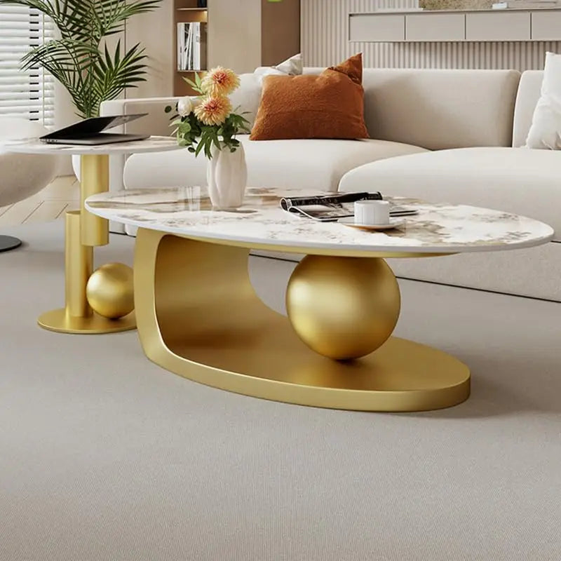 Modern Stone Coffee Table with Abstract Metal Base Living Room Table Center Table for Home Furniture