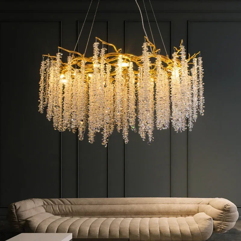 Round Gold Crystal Chandelier for Bedroom Living Room Dining Room Lounge Modern Luxury Gold Ceiling Crystal Branch Chandeliers