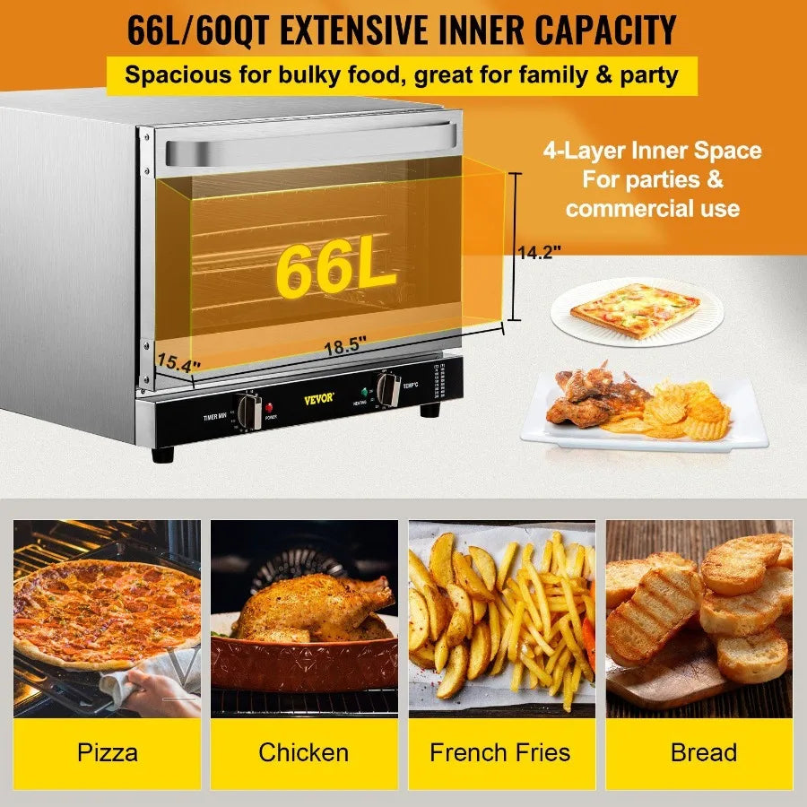 Commercial Convection Oven 66L 60Qt HalfSize Conventional Oven Countertop 1800W 4Tier Toaster w Front Glass Door Electric Baki