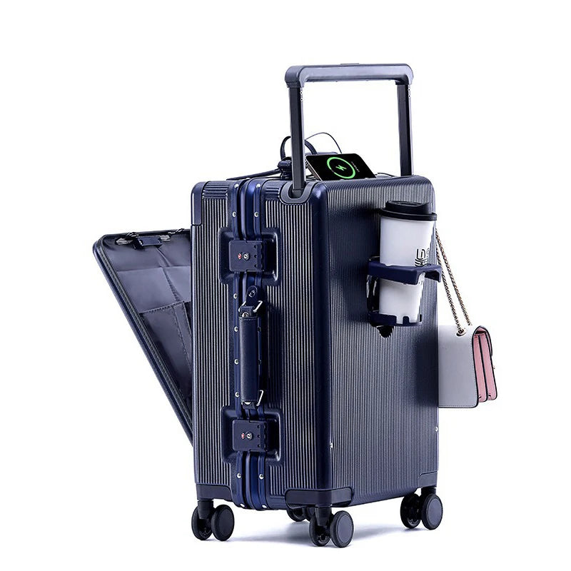 20/24/26 Inch Front Opening Pocket Suitcase Rolling Luggage Aluminum Frame Wide Handle Trolley Case with Wheel USB Charging