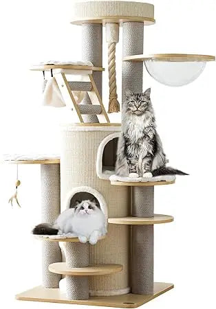 63'' Castle Large Cat Tree for Maine Coon,Modern Solid Wood Cat Tower for Indoor Cats Adults,Multi-Level Heavy Duty Luxury Cat C