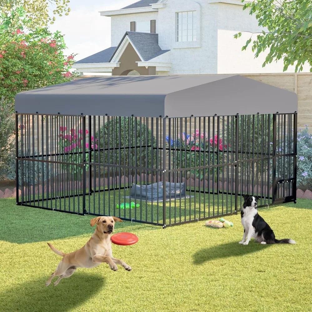 Large Outdoor Dog Cage - 10x10x6 Heavy-Duty Rust-Proof Galvanized Steel Kennel Enclosure with Barrier Fence for Secure Outdoor L