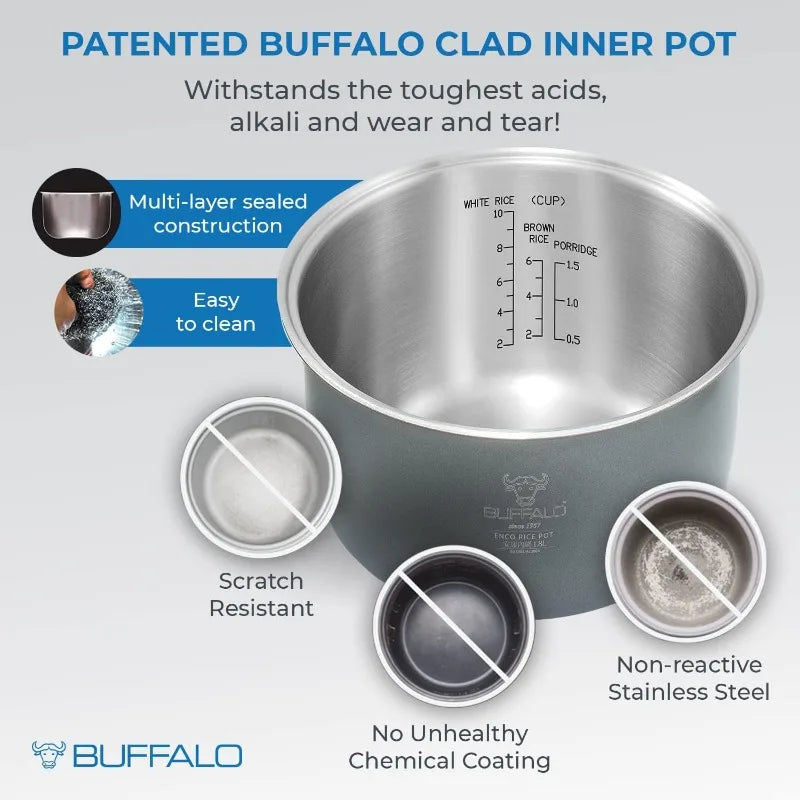 Buffalo Rice Cooker with Clad Stainless Steel Inner Pot - Electric Rice Cooker for White/Brown Rice,Grain - Auto Warmer (10 Cup)