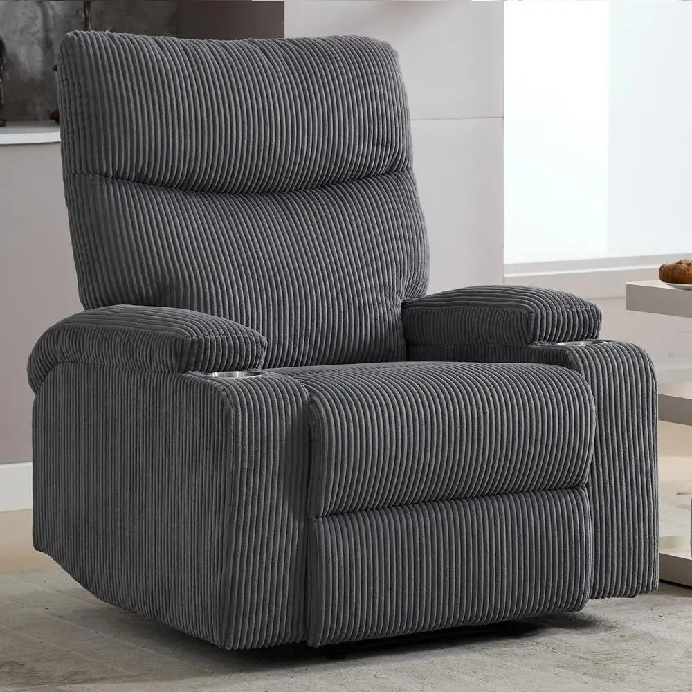 Oversized Grey Corduroy Recliner Chair with Pull Ring, 3-Position 140° Recline for Living Room, Nursery, RV, and Office