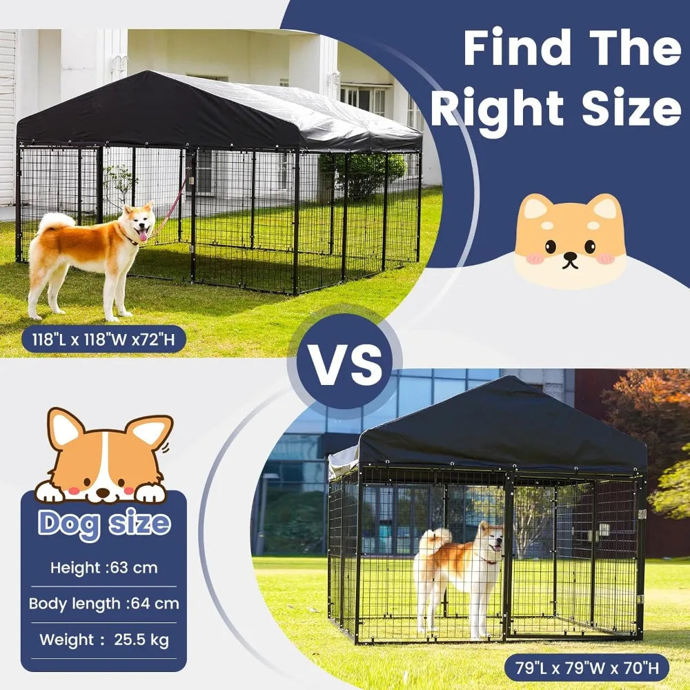 Sturdy Outdoor Dog Enclosure with Roof and Double Locks - Galvanized Steel Kennel (79W x 79D)