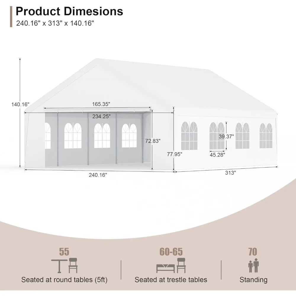20' x 26' Heavy Duty Carport with Roll-up Visual Windows, Reinforced Party Tent with Removable Sidewalls & Doors for Parties, W