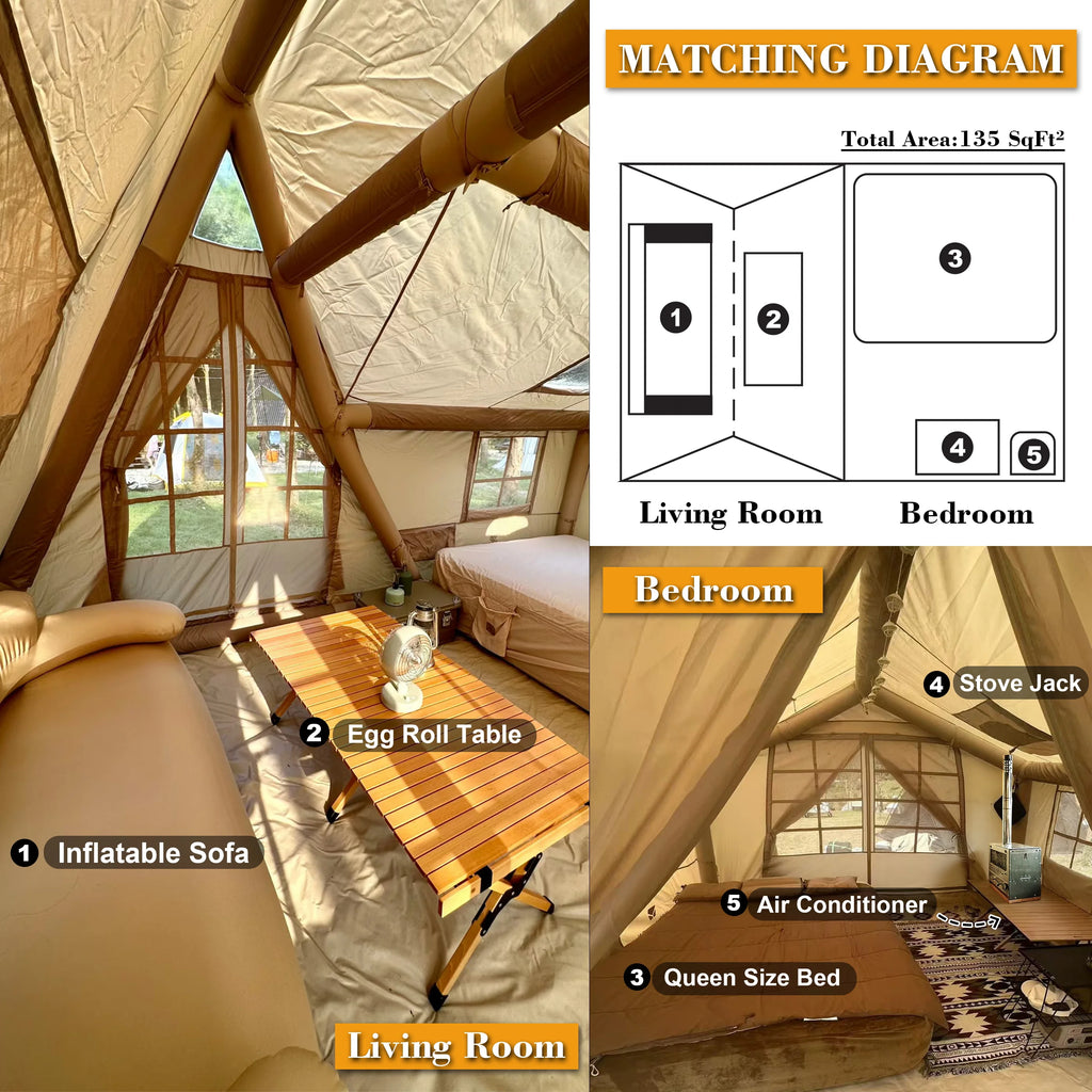 6-8 Person Large Inflatable Camping Tent, 4 Season Blow Up Tent with Rainfly/Canopy, Luxury Air Tent House with Stove Jack