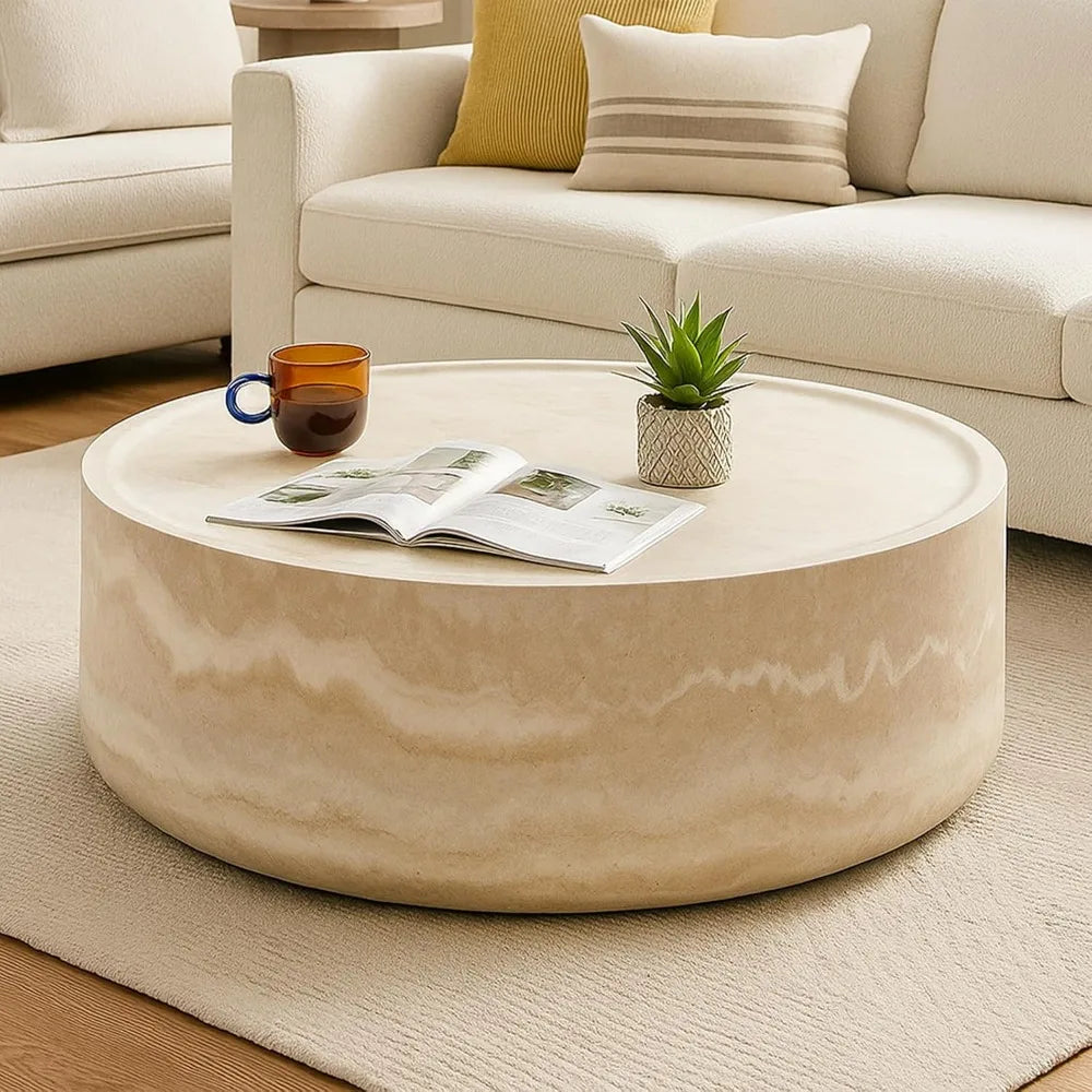 Modern Drum Style Fiberglass Coffee Table, Round Marble-Look Table for Living Spaces and Apartments