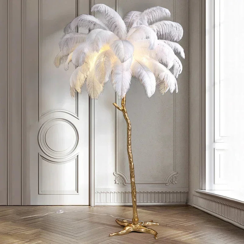 200cm Nordic Ostrich Feather Floor Lamp Resin Copper Living Room Home Decor Standing Light Indoor Lighting Bedroom Bedside Light