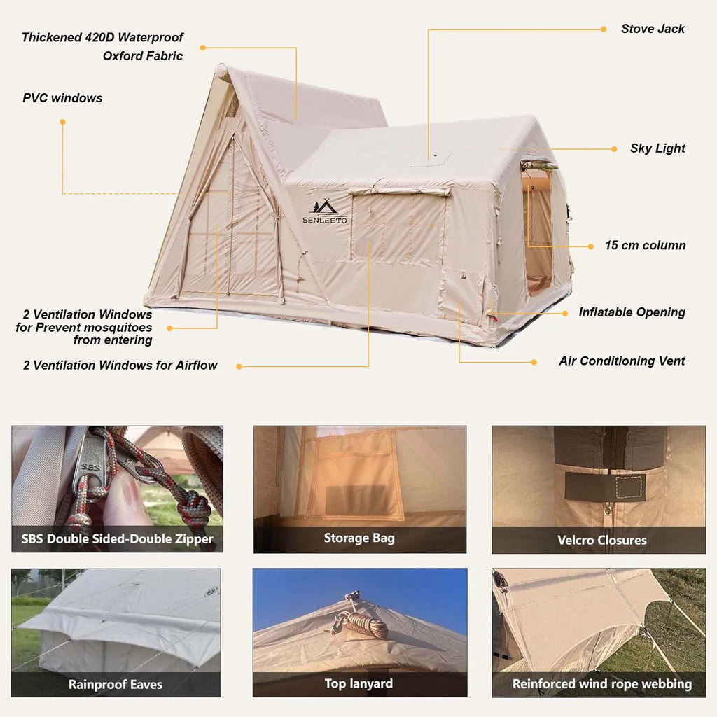 6-8 Person Large Inflatable Camping Tent, 4 Season Blow Up Tent with Rainfly/Canopy, Luxury Air Tent House with Stove Jack
