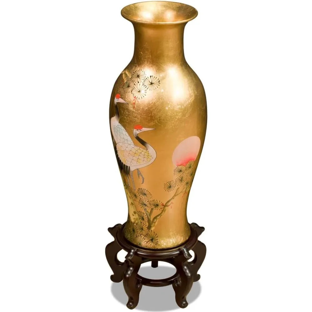 China Furniture Online 24 Inch Gold Leaf Longevity Cranes Oriental Vase
