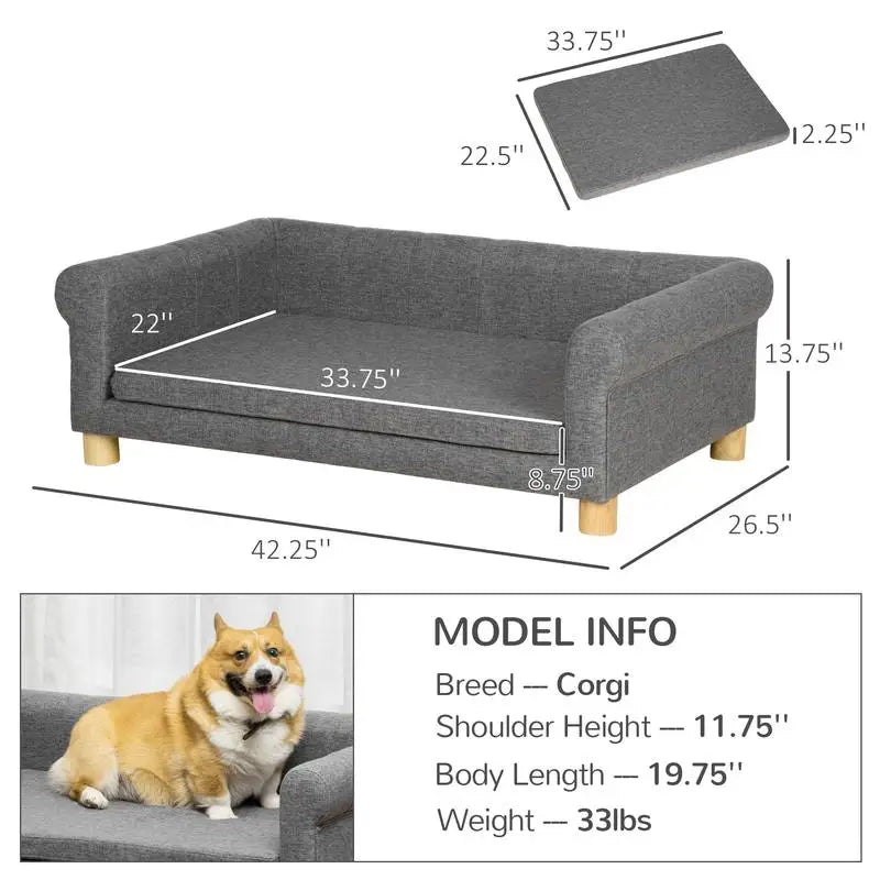 Modern Dog Couch Bed, Pet Sofa for Medium to Large Dogs or Cats, Elevated Pet Sleeping Bed with Removable Cushion, Dark Gray
