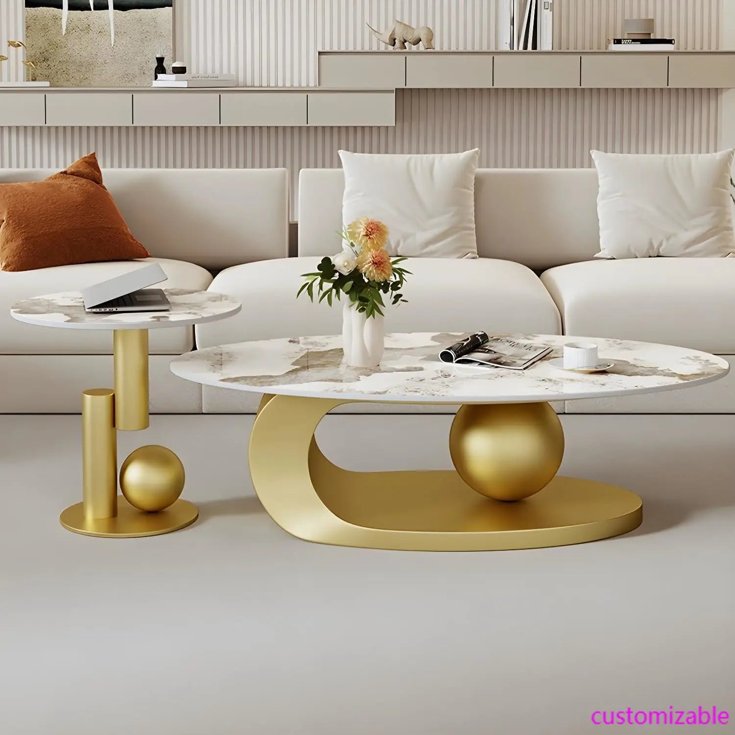 Modern Stone Coffee Table with Abstract Metal Base Living Room Table Center Table for Home Furniture