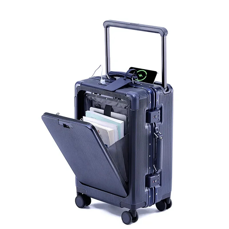 20/24/26 Inch Front Opening Pocket Suitcase Rolling Luggage Aluminum Frame Wide Handle Trolley Case with Wheel USB Charging