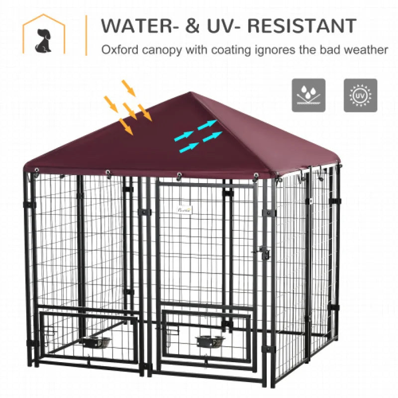 Outdoor Kennel With Rotating Bowl Rack Walk-in Pet Playpen Welded Wire Steel Dog Pen Waterproof UV Resistant Awning USA