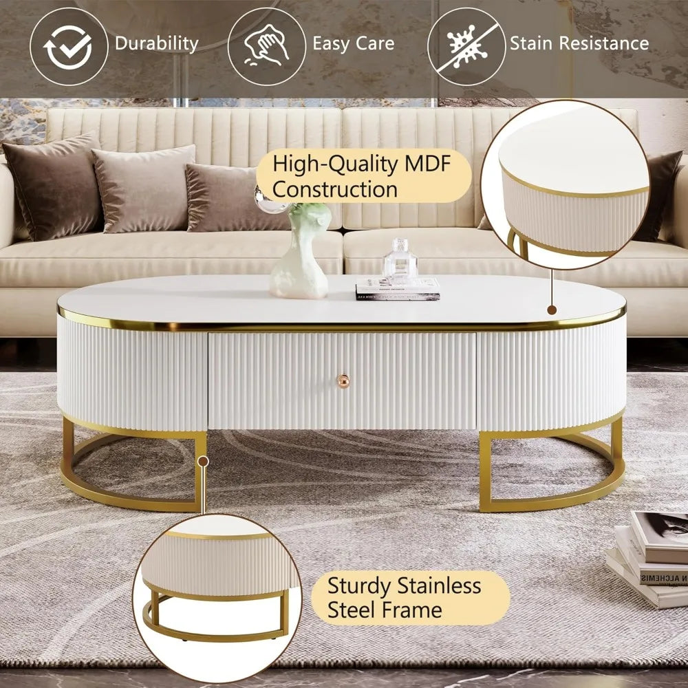 Modern Oval Coffee Table with Drawers,Curved Profile Design, Gold Metal Decor, Center Table for Living Room in 47.2"