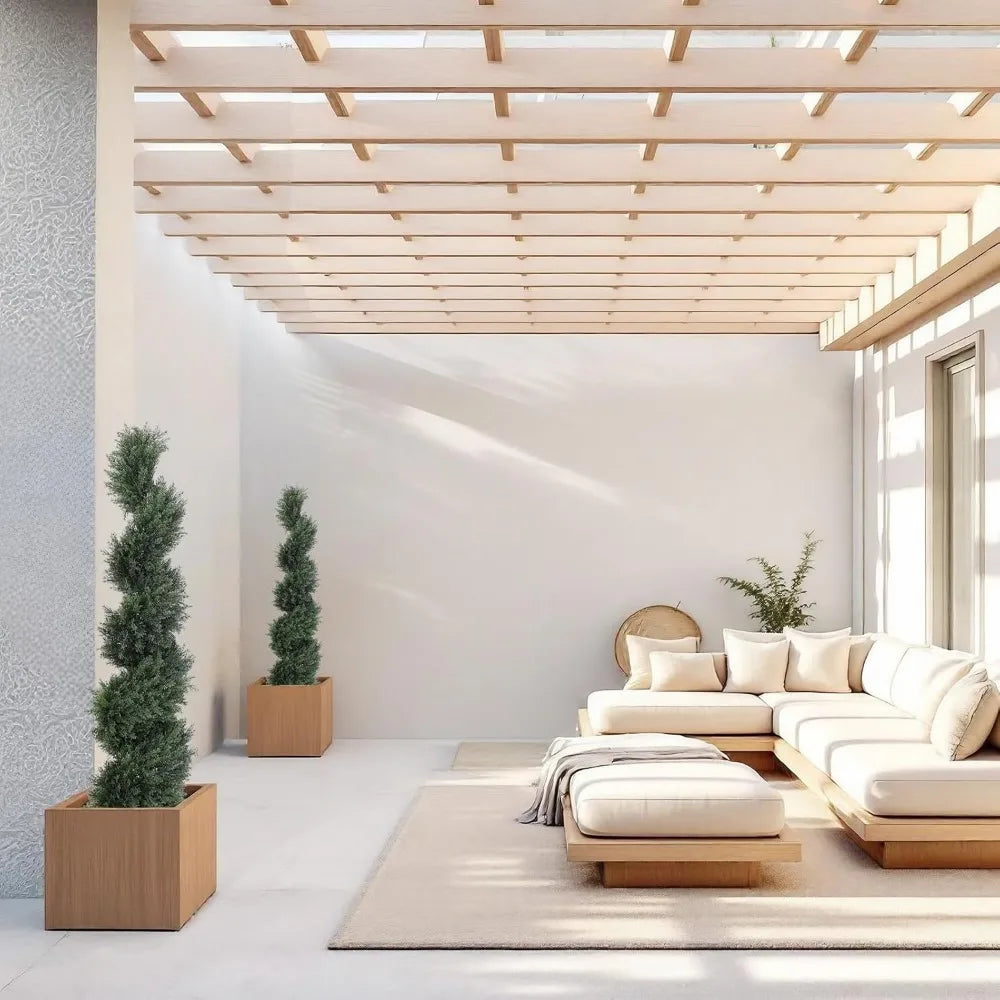 Pair of 4-Foot Tall Artificial Spiral Topiary Trees, 48-Inch Fake Cedar Outdoor Planters - Twist Cypress Look