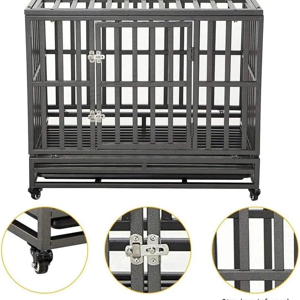 Large Dog Metal Cage with Wheels, 38 Inch Heavy Duty Kennel and Playpen for Pets, Easy Assembly, Black