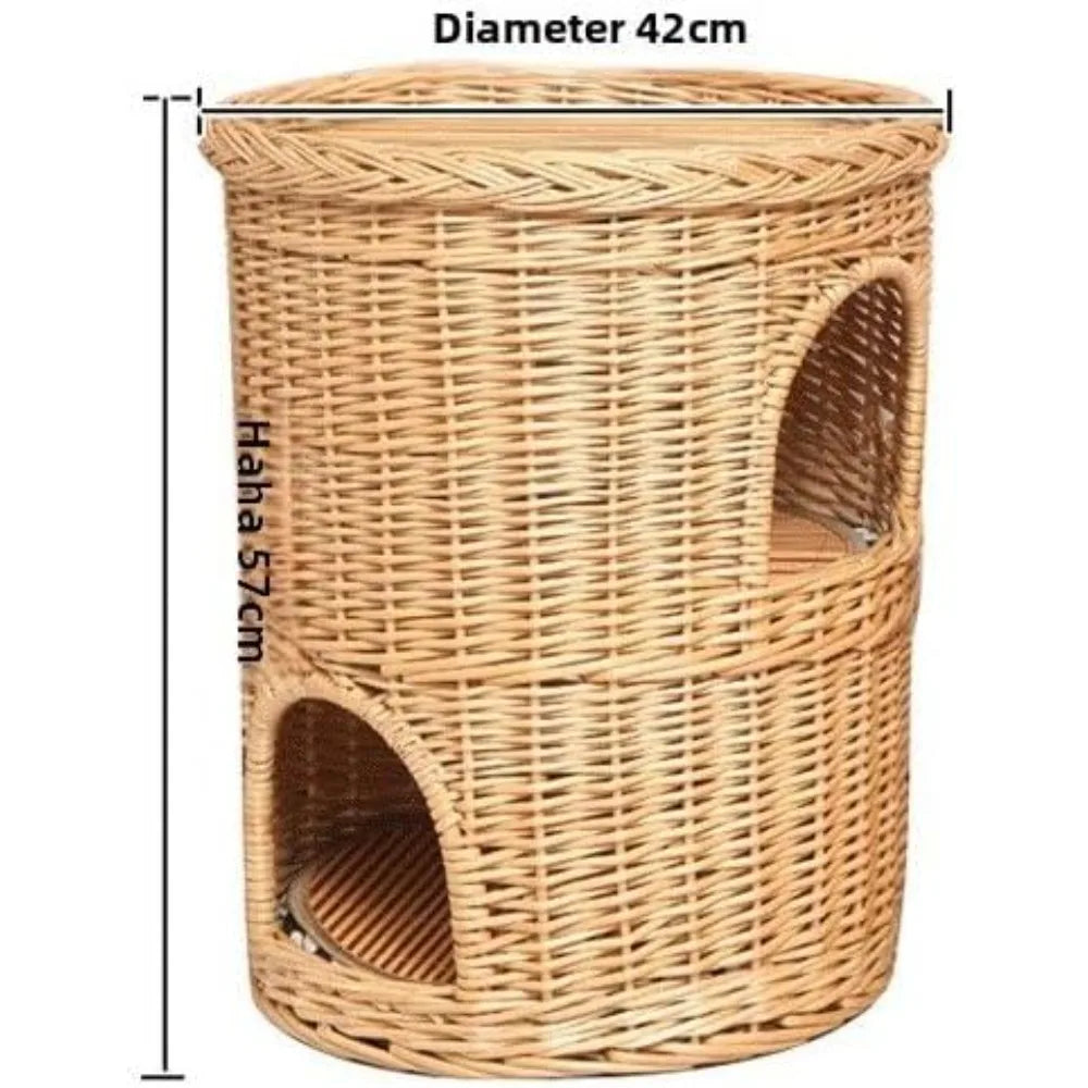 Indoor Willow Wicker Cat Tower with 2-Level Beds, Play and Sleep Furniture for Kittens, 42x42cm Pet Den and Cozy Bed
