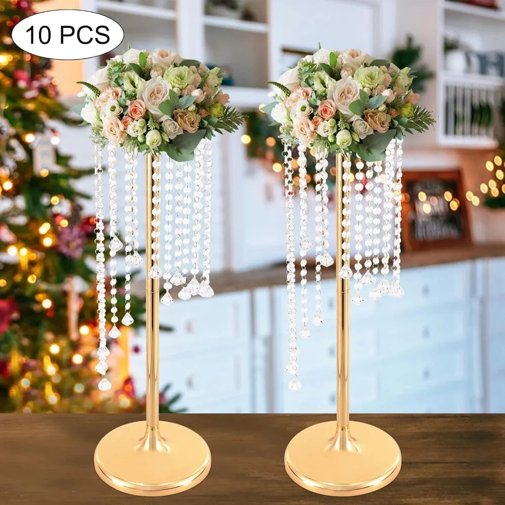 Centerpieces Gold Vases, 10PCS Metal Flower Candle Holder with Sparkling Crystal Beads, Crystal Flower Vase Metal Flowers