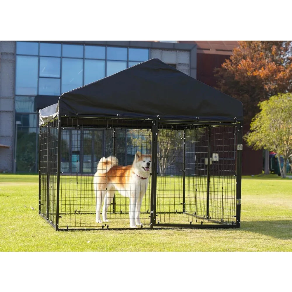 Sturdy Outdoor Dog Enclosure with Roof and Double Locks - Galvanized Steel Kennel (79W x 79D)