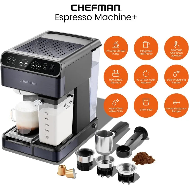 Chefman 6-in-1 Espresso Machine with Steamer, Automatic One-Touch Coffee Maker, Single or Double Shot Cappuccino Machine, Black
