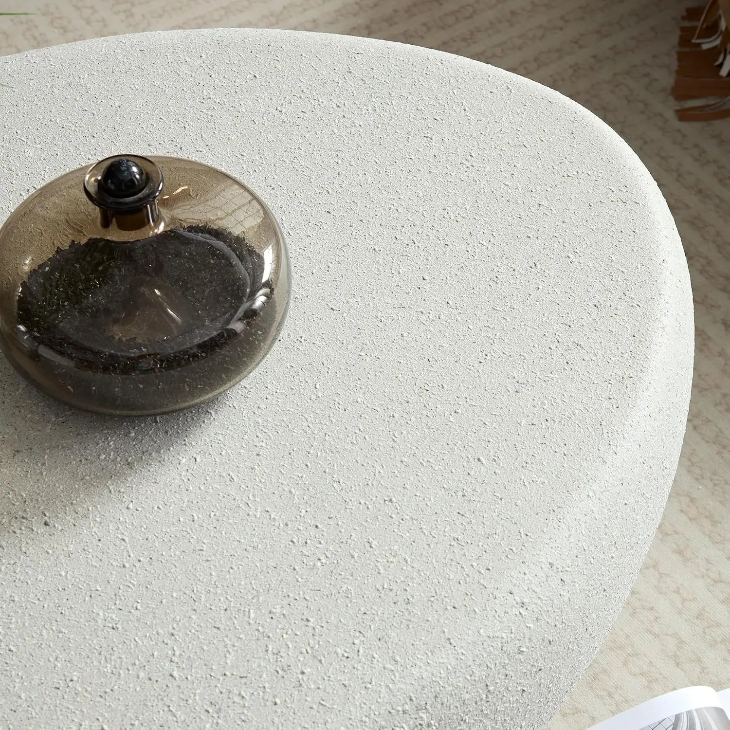43.3" Oval Coffee Table with Grainy Matte Rocks Pattern, Modern Irregular Center Table,Drum Fiberglass Coffee Table Accent Side
