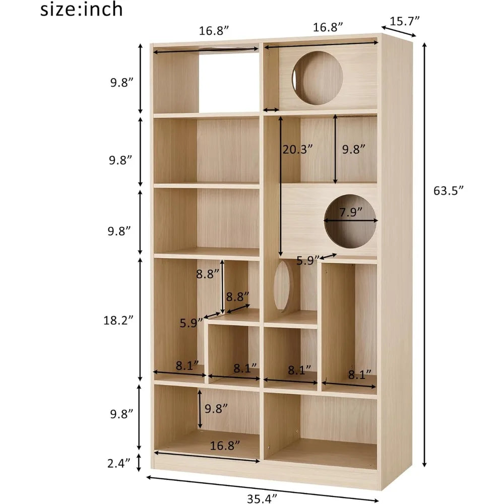 63 Cat Tree and Bookshelf Combo, Dual-Purpose Wooden Cat Tower with Litter Box Enclosure and Storage, Sleek Modern Design