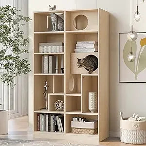 63 Cat Tree and Bookshelf Combo, Dual-Purpose Wooden Cat Tower with Litter Box Enclosure and Storage, Sleek Modern Design