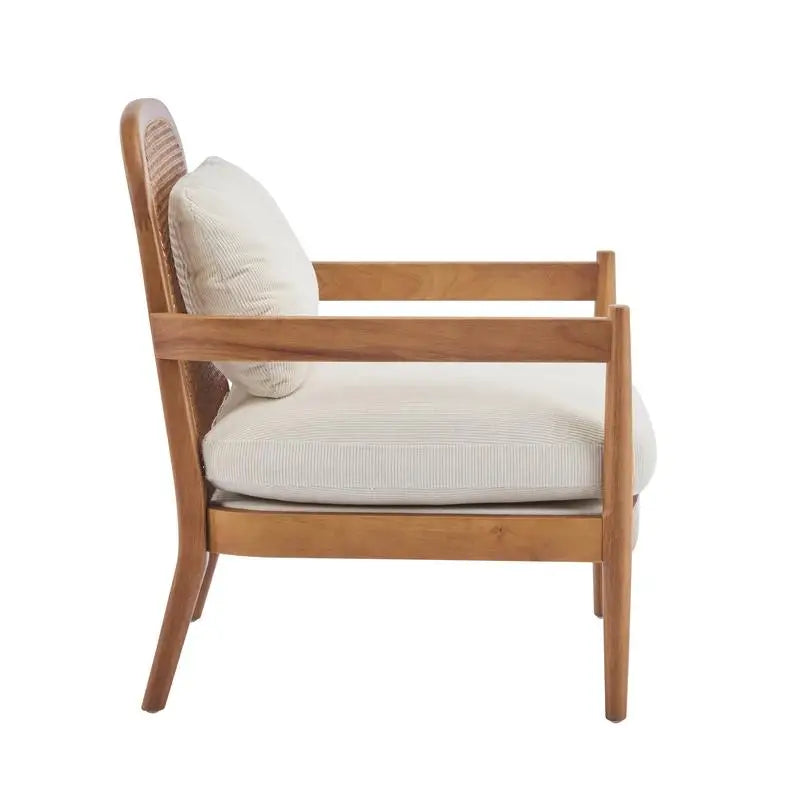 Set of 2 Mid-Century Modern Accent Chairs with Walnut Finish Solid Wood Frame and Rattan Backrest, Beige Cushions with Striped