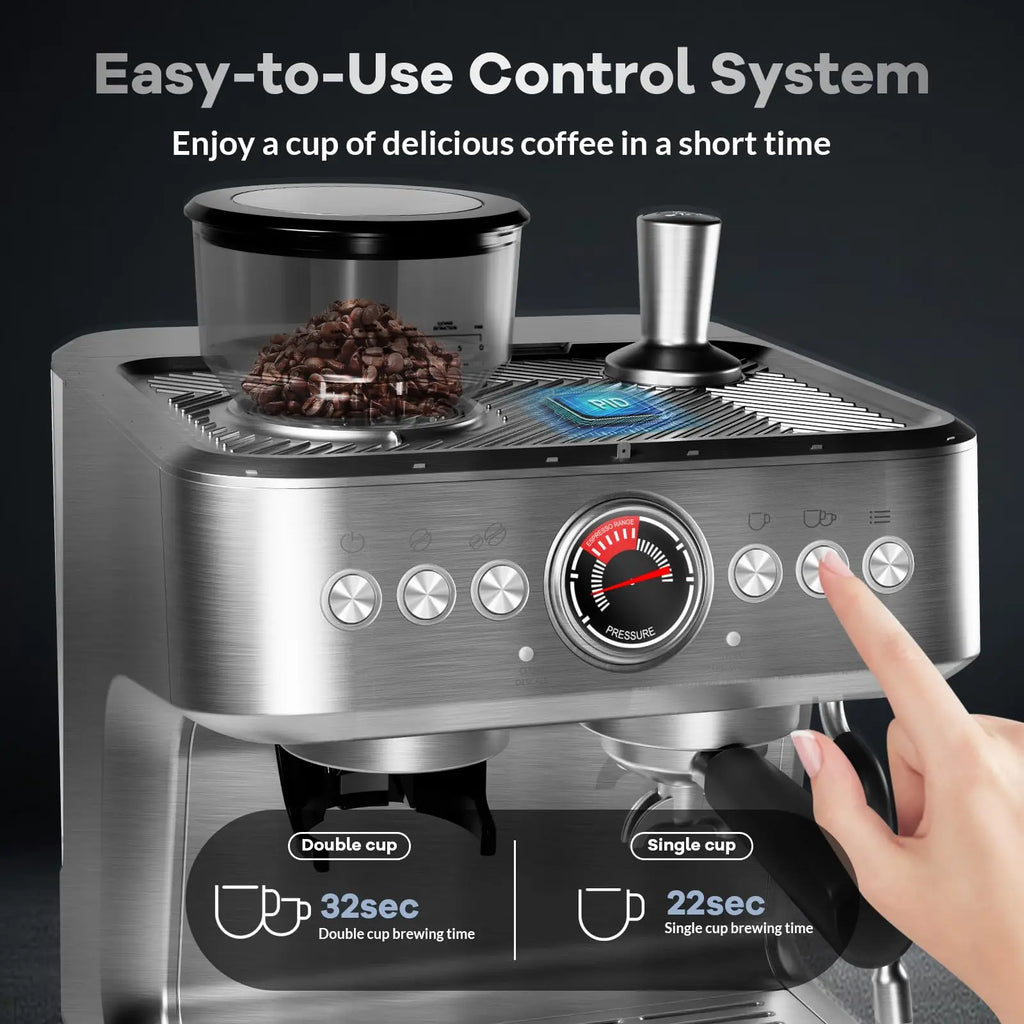 Espresso Coffee Maker With Grinder, 20 Bar Stainless Steel Professional Espresso Coffee Maker With Milk Frother, 2.8L Water Tank