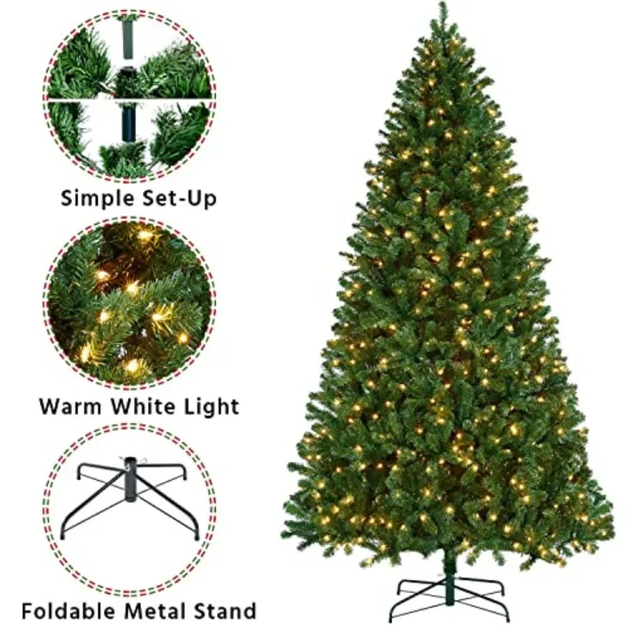 9ft Prelit Spruce Artificial Hinged Christmas Pine Tree Prelighted Holiday Xmas Tree for Home Party Decoration with 850 Warm Wh