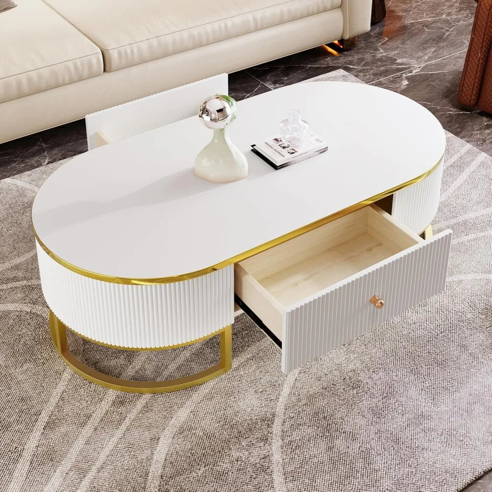 Modern Oval Coffee Table with Drawers,Curved Profile Design, Gold Metal Decor, Center Table for Living Room in 47.2"