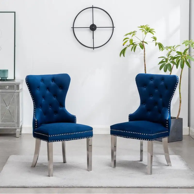 Set of 2 Contemporary Tufted Velvet Chairs with Nailhead Trim - Blue, Upholstered Accent Chairs for Living Room or Home Office