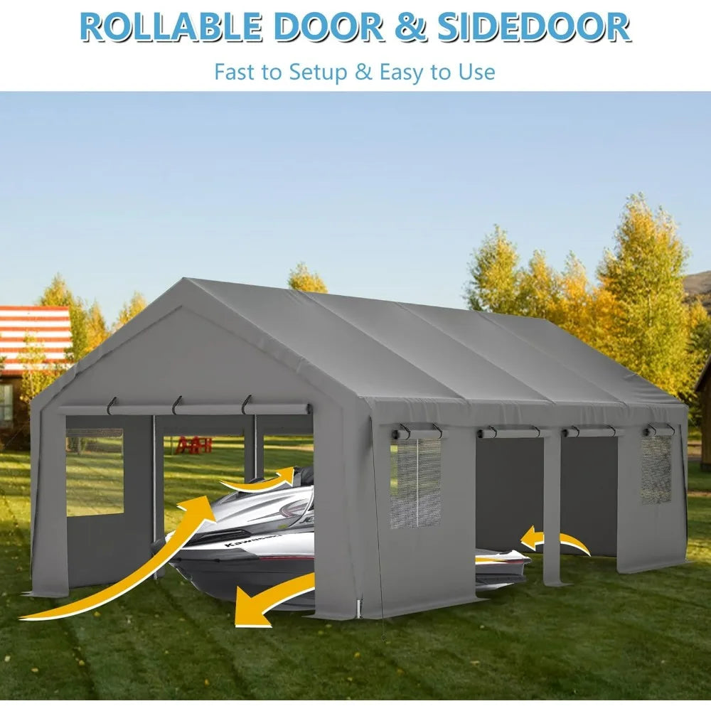 Carport 25x13ft Heavy Duty Canopy Storage Shed,Extra Large Portable Outdoor Garage with 4 Roll-up Doors & 4 Windows and All-Seas