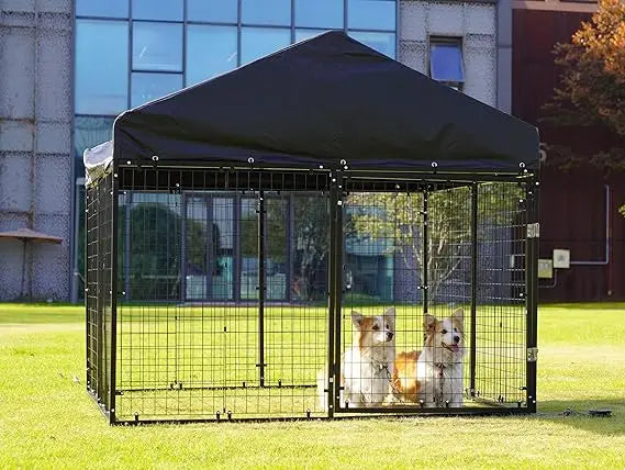Sturdy Outdoor Dog Enclosure with Roof and Double Locks - Galvanized Steel Kennel (79W x 79D)