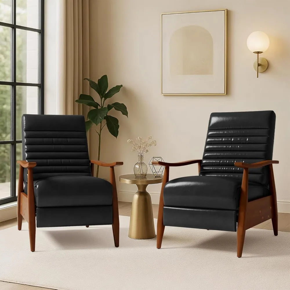 Leather Recliner Chair, Mid Century Push Back Accent Ｃhair, Comfortable Living Room Chair with Solid Wood Frame, High Back Loung