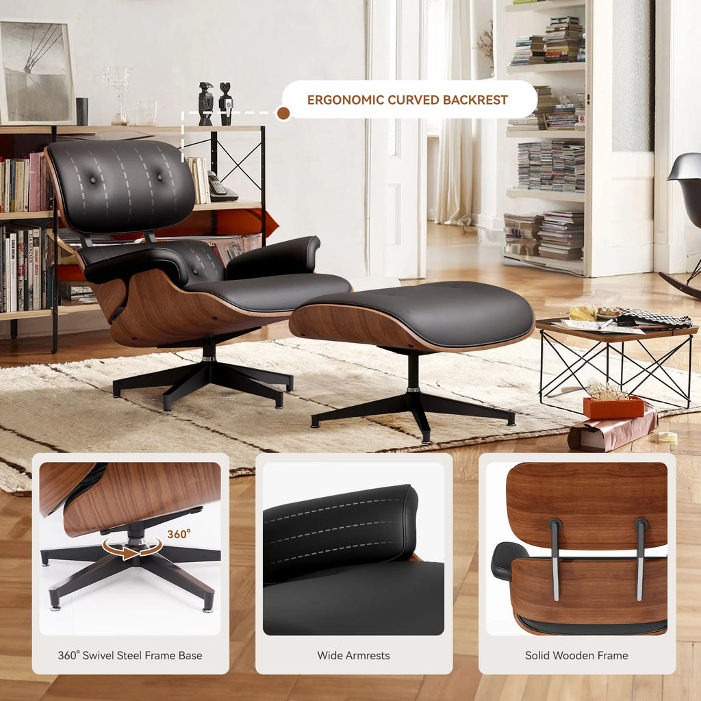 Top Black PU Leather, Mid Century Chaise Lounge Chair and Ottoman, Modern Chair Classic Design, Palisander Wood, Heavy Duty