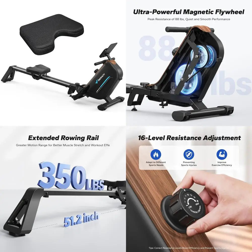 Home Fitness Rowing Machine: Electromagnetic Resistance with Adjustable Cushioned Seat and 16-Level Tension Control