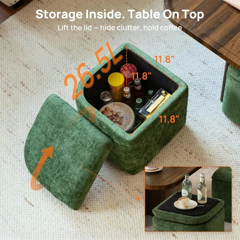 Mid-Century Modern Small Square Coffee Table with Storage + 4 Chenille Ottomans (Living Room/Small Space)