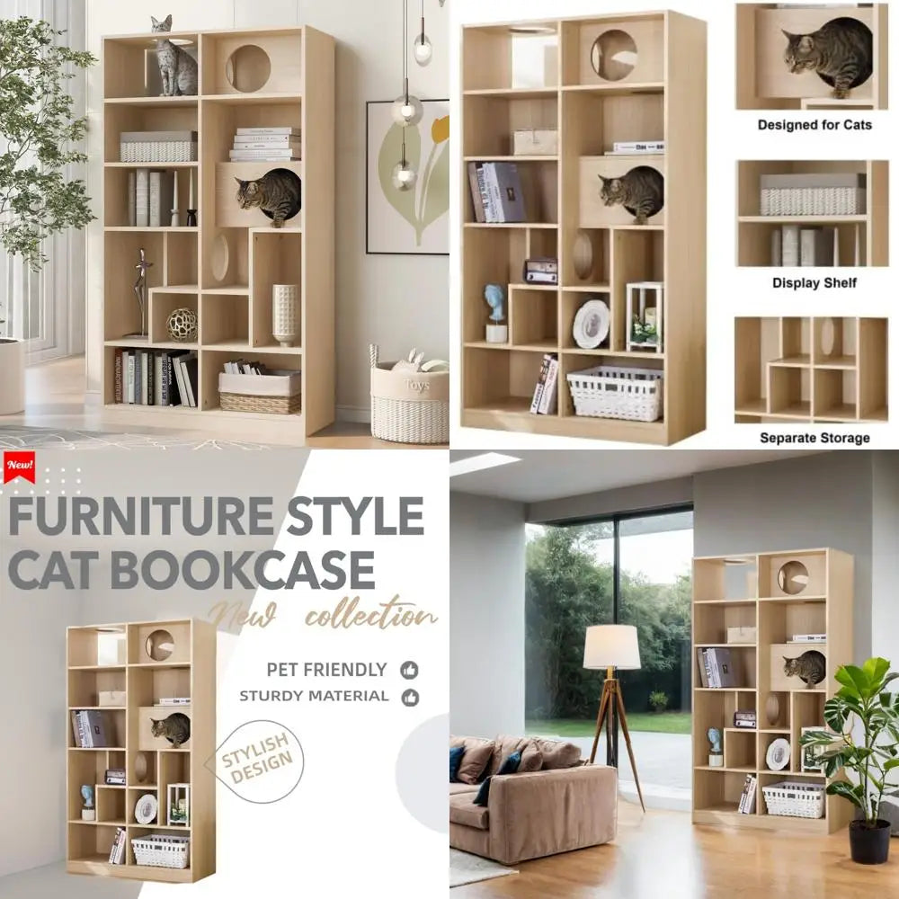 63 Cat Tree and Bookshelf Combo, Dual-Purpose Wooden Cat Tower with Litter Box Enclosure and Storage, Sleek Modern Design