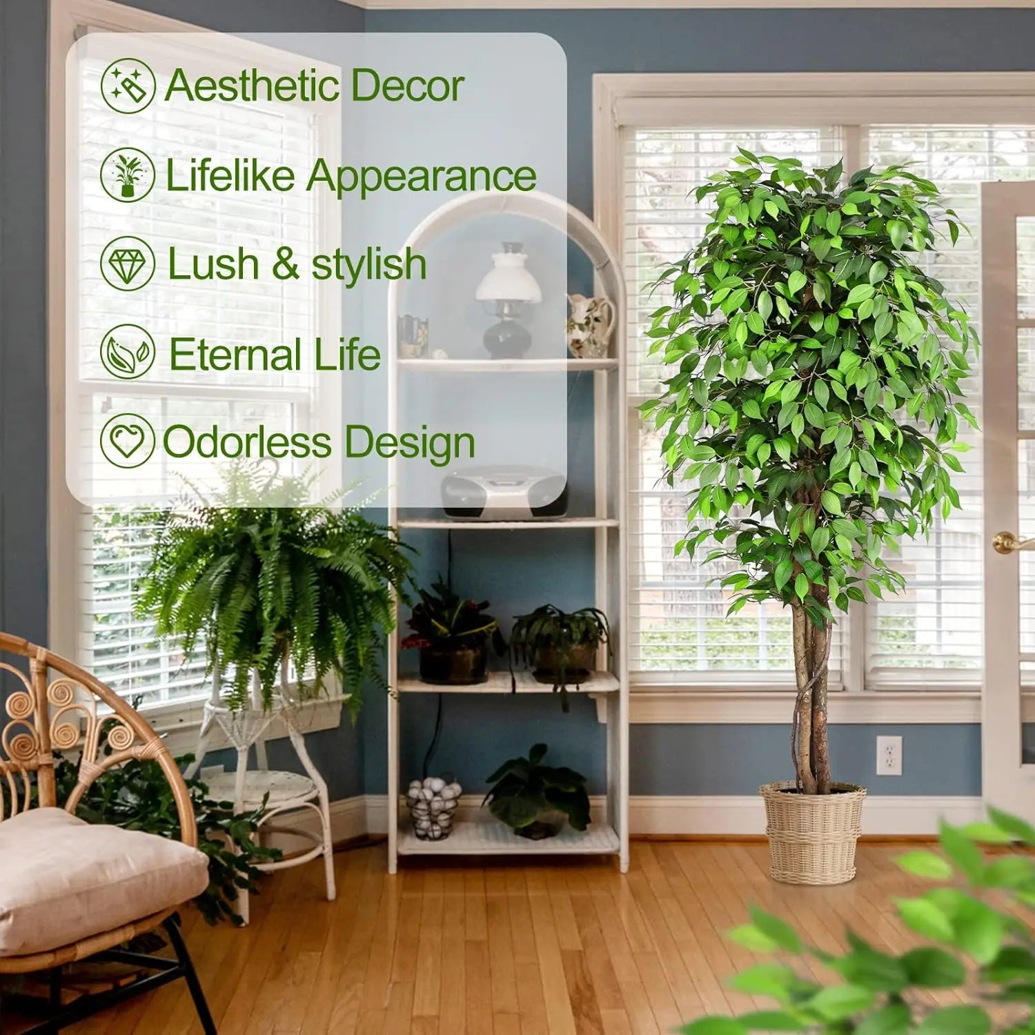 7ft Large Ficus Artificial Trees with Natural Curved Trunks, 84" Tall Lush Faux Tree for Home Decor Indoor, Green Lifelike Fake