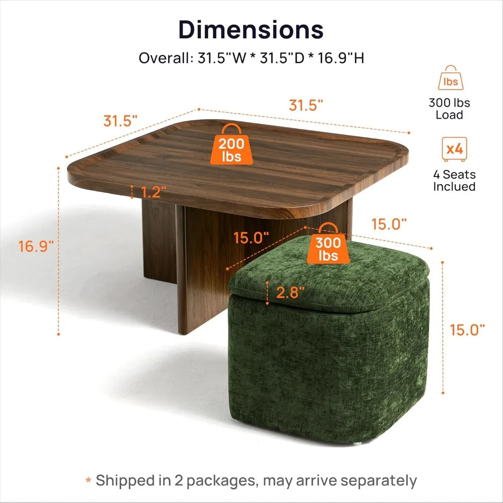 Mid-Century Modern Small Square Coffee Table with Storage + 4 Chenille Ottomans (Living Room/Small Space)