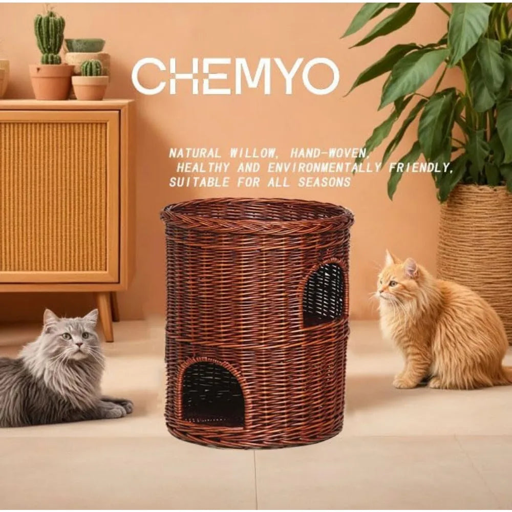 Indoor Willow Wicker Cat Tower with 2-Level Beds, Play and Sleep Furniture for Kittens, 42x42cm Pet Den and Cozy Bed