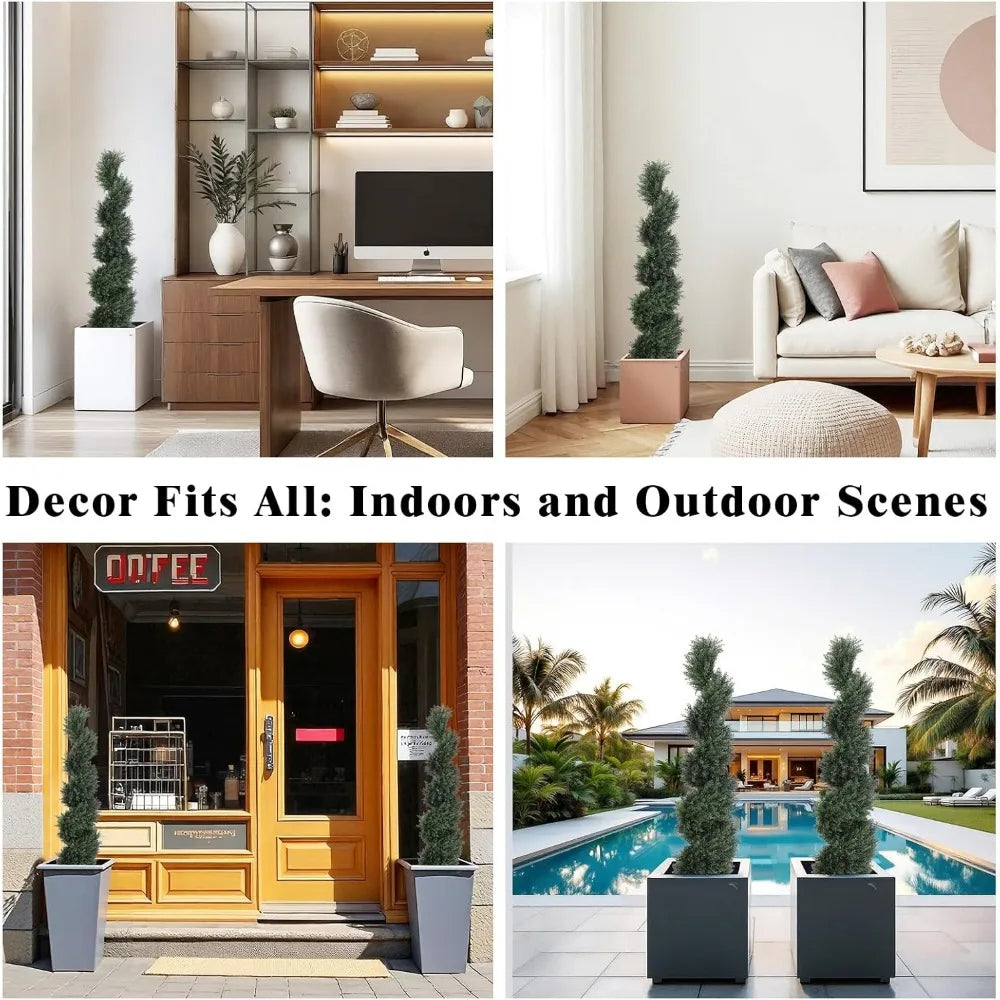 Pair of 4-Foot Tall Artificial Spiral Topiary Trees, 48-Inch Fake Cedar Outdoor Planters - Twist Cypress Look