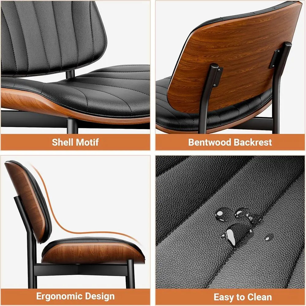 Set of 4 Modern Dining Chairs, Upholstered in Black PU Leather, Walnut and Metal Legs Accent Chairs for Kitchen and Dining Room