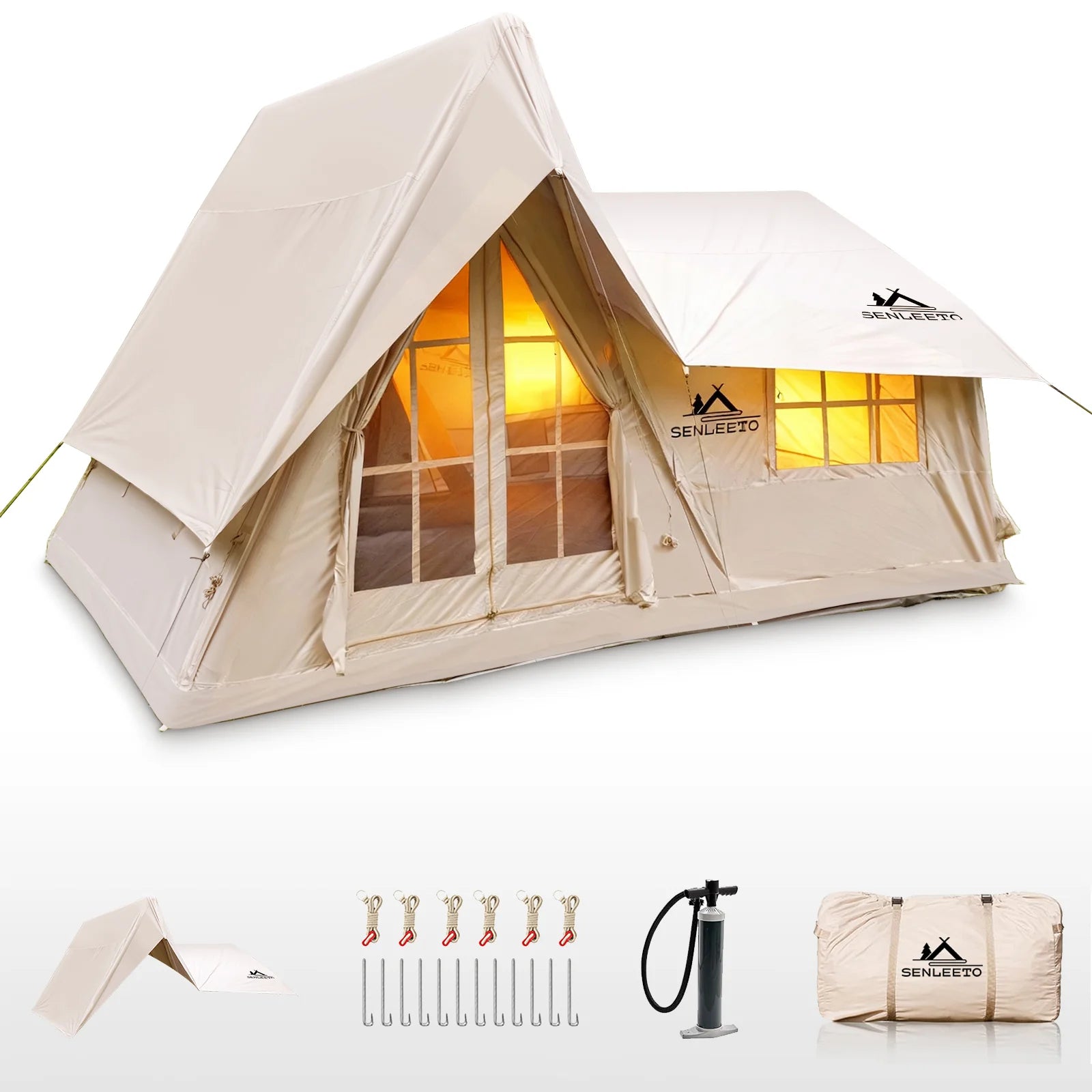 6-8 Person Large Inflatable Camping Tent, 4 Season Blow Up Tent with Rainfly/Canopy, Luxury Air Tent House with Stove Jack